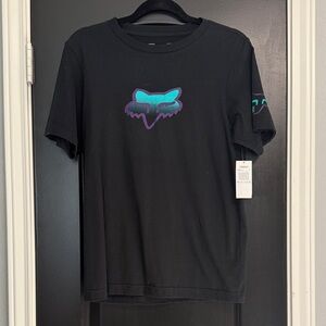 Fox Black Tee with Teal and Purple Fox Head Logo NWT